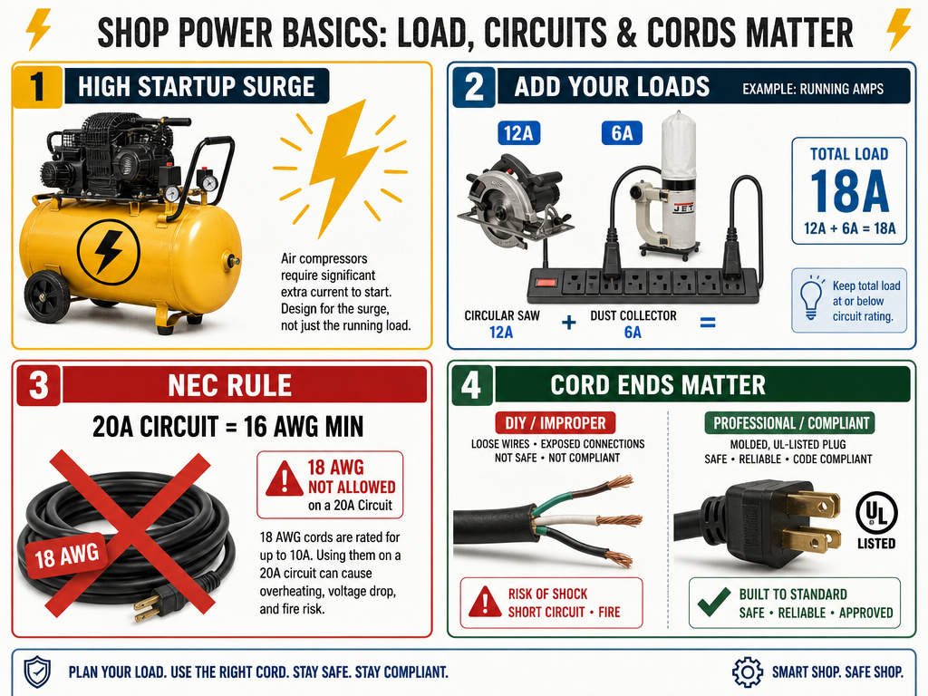 Infographic on extension cord gauge rules for air compressors, multiple tools, and NEC code.