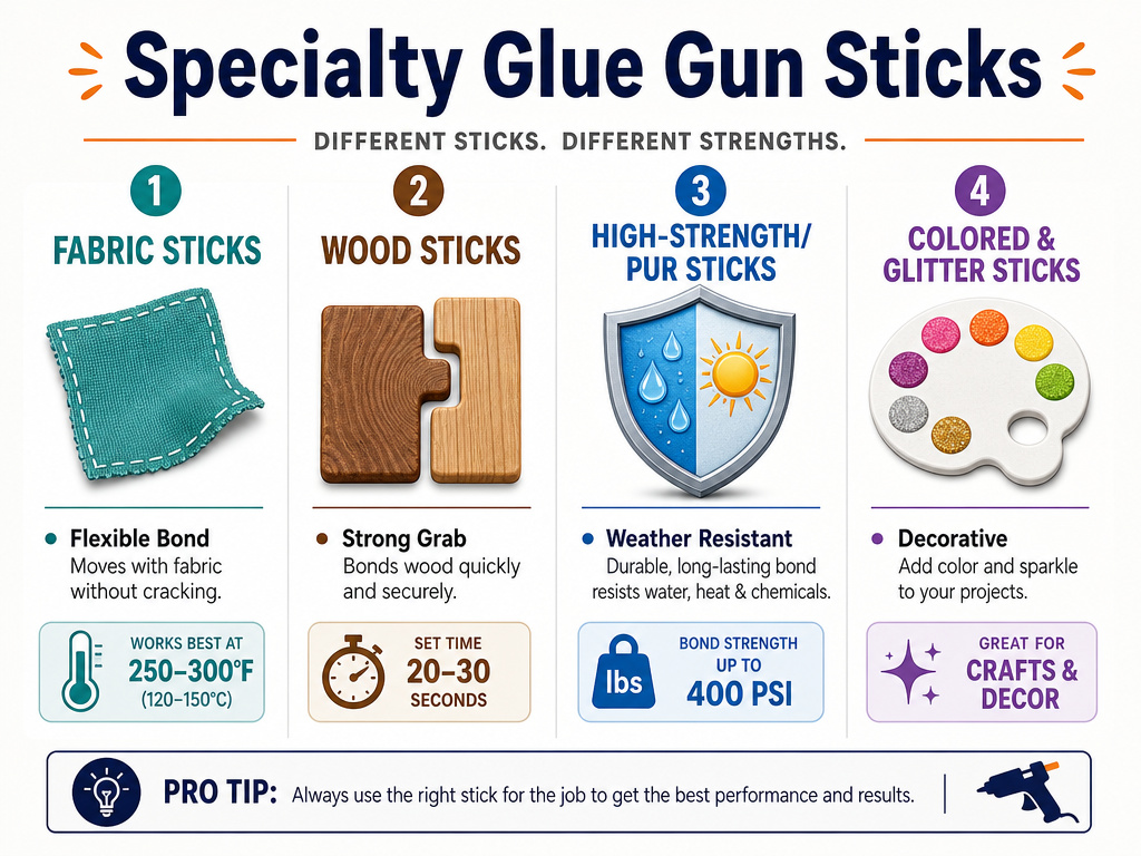 Infographic explaining four types of specialty hot glue sticks for specific materials