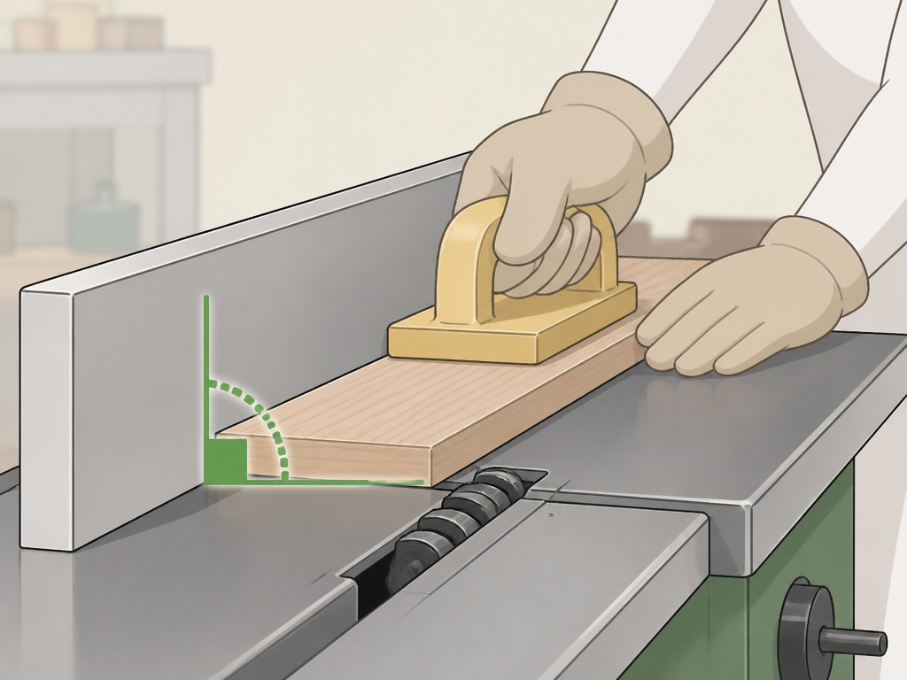 Cartoon diagram showing edge jointing technique on a woodworking jointer.