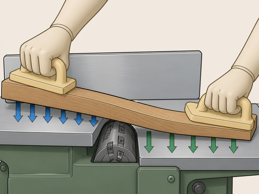 Cartoon diagram showing proper hand placement and pressure for face jointing on a jointer.