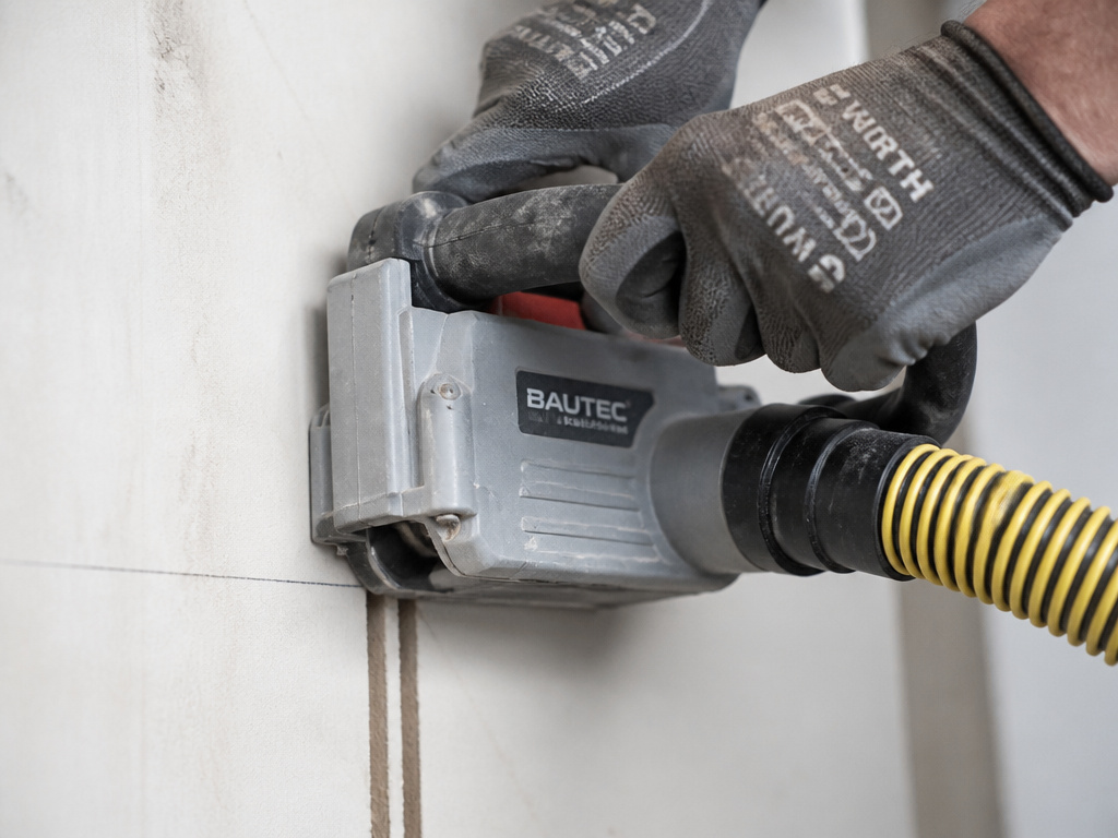 Close-up of a wall chaser cutting a clean channel with connected dust extraction.