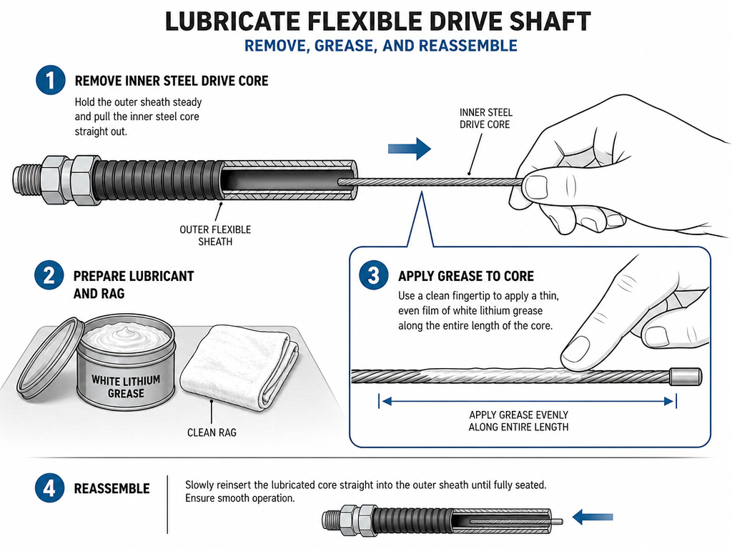 Flex shaft rotary tool maintenance diagram for greasing the inner drive core.