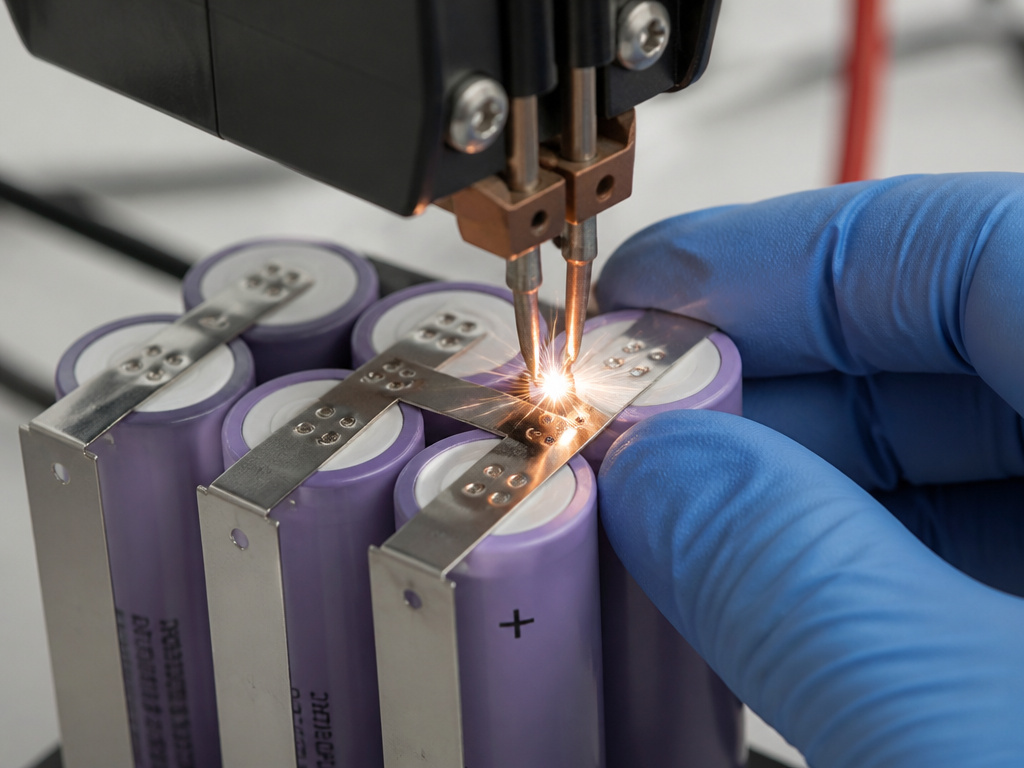 Close-up of spot welding a nickel strip onto a DeWalt battery rebuild cell.