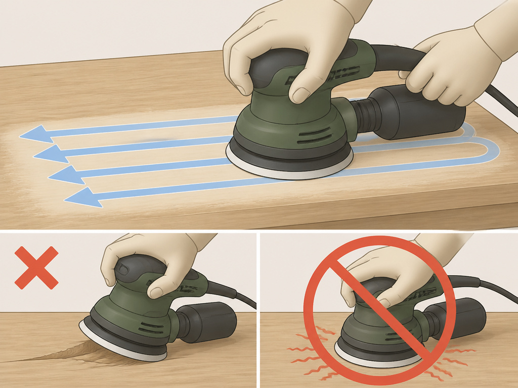 Diagram showing proper sander technique: flat pad, light pressure, and continuous overlapping strokes.