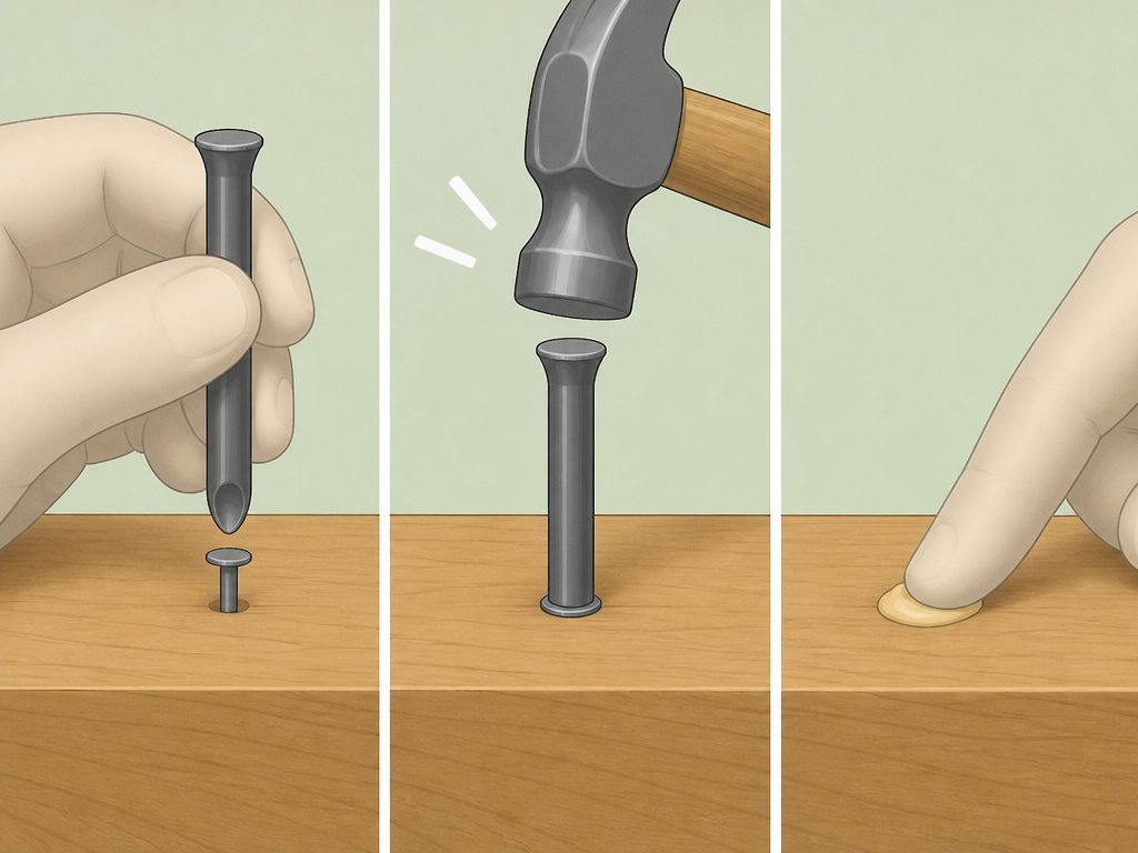 Three-step manual method to countersink a nail with set and filler.