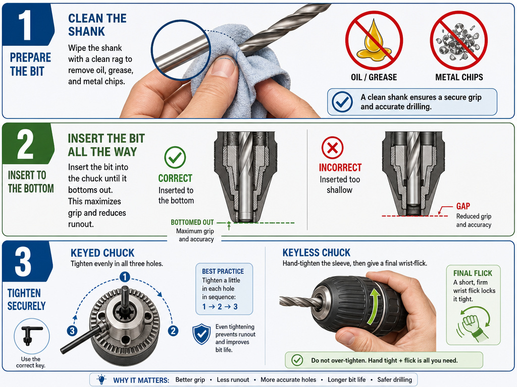 Infographic showing the three-step tightening method for keyed and keyless drill chucks.