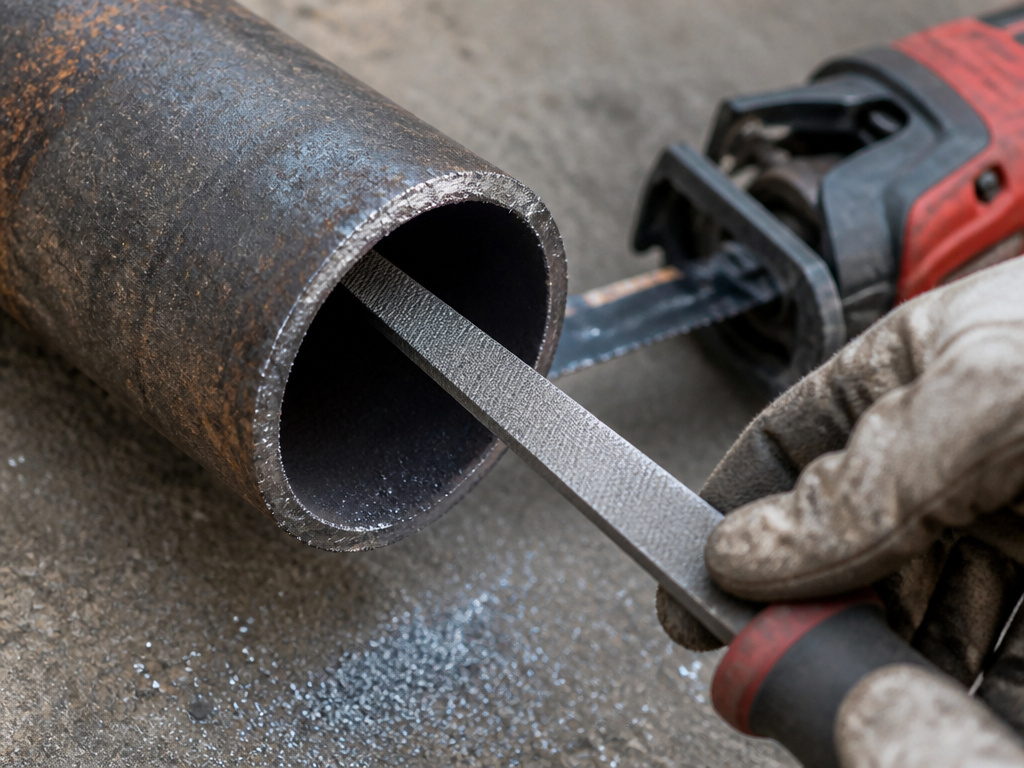 Filing the burr from a cut cast iron pipe after using a reciprocating saw.