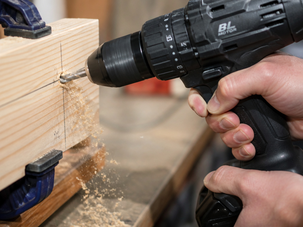 Close-up of hands using a cordless drill to bore a hole into clamped wood.