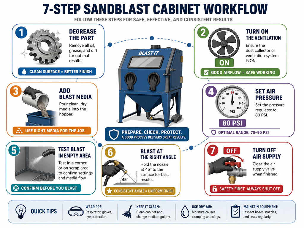 Step-by-step infographic for setting up and operating a sandblast cabinet safely.