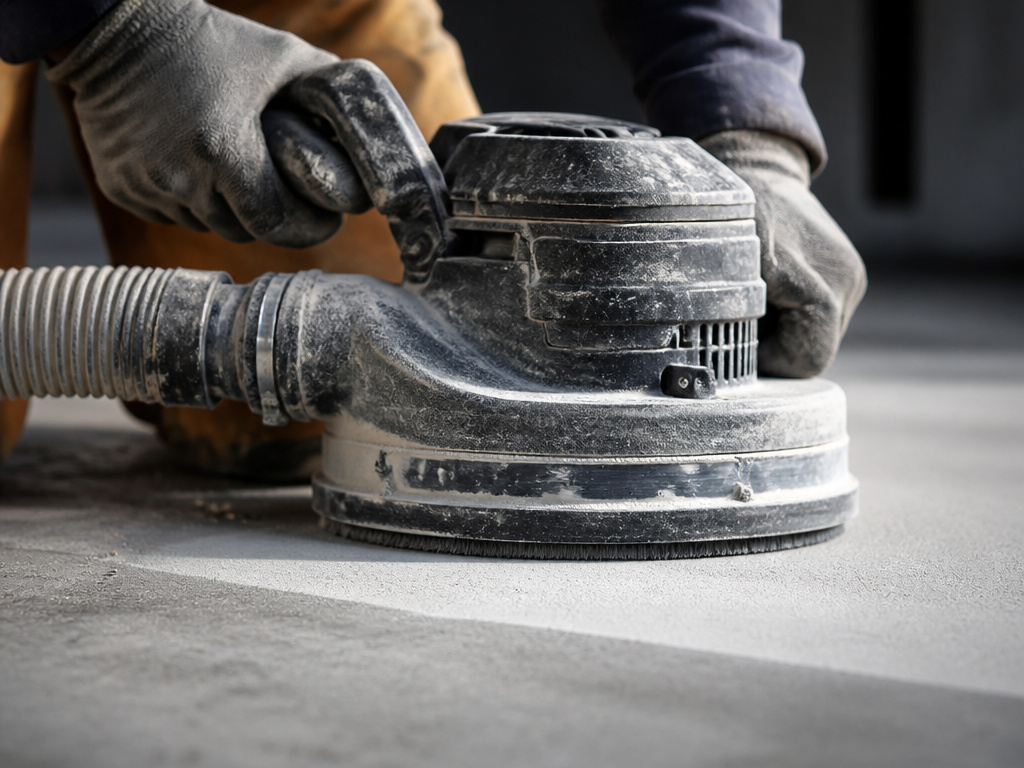 Close-up of hands using a concrete grinder on a floor with dust extraction.