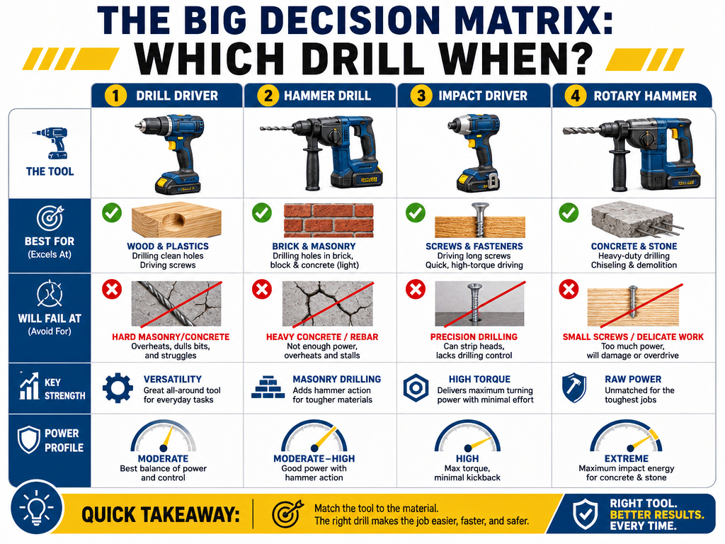 Infographic decision matrix comparing four drill types and their best uses