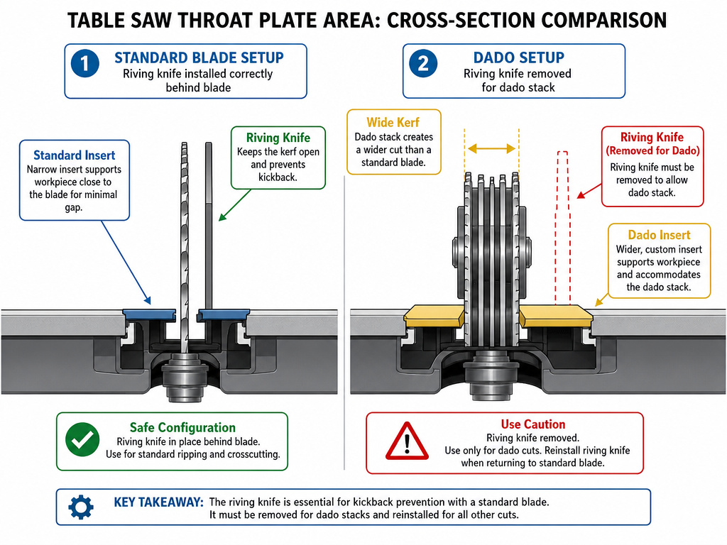 Diagram comparing table saw safety with standard blade versus dado blade setup.