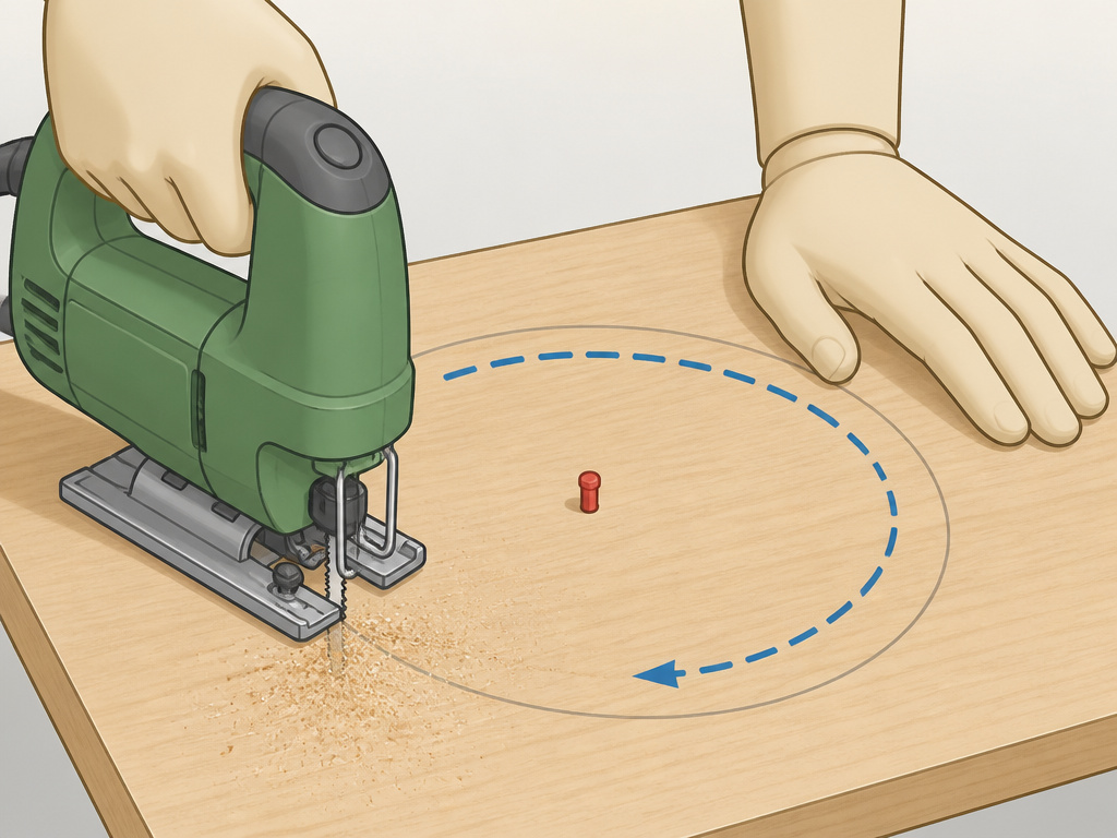 Hands using a jigsaw to smoothly cut a circle along a marked line.
