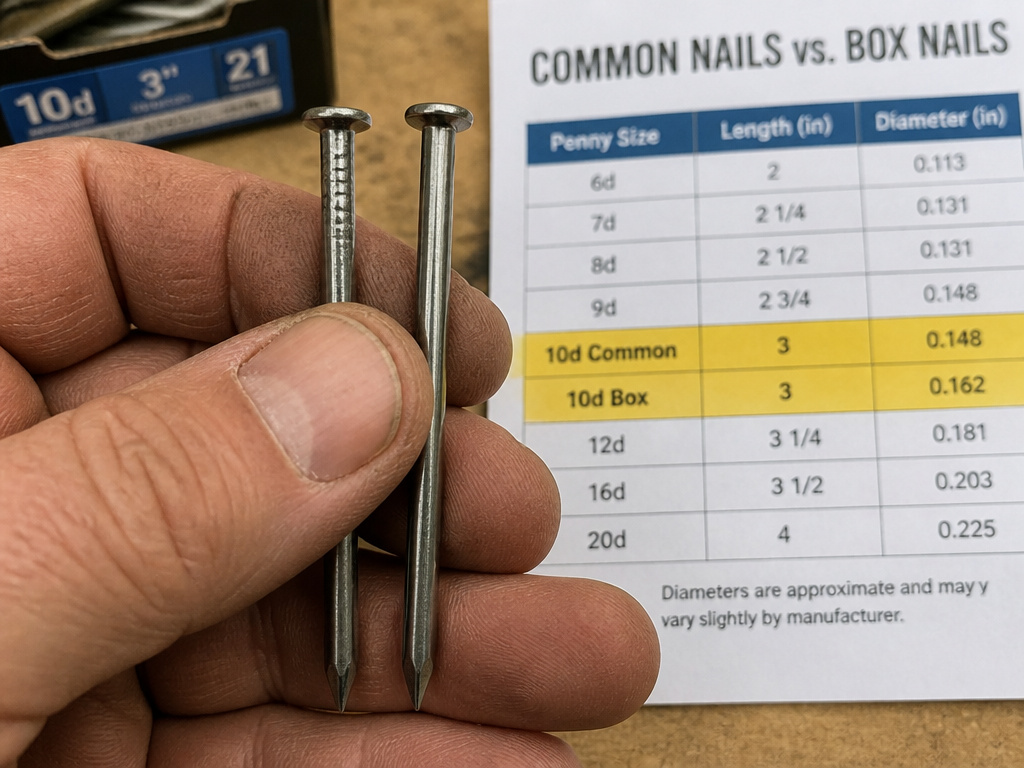 Comparing 10d common nail and 10d box nail diameters on a specification sheet.