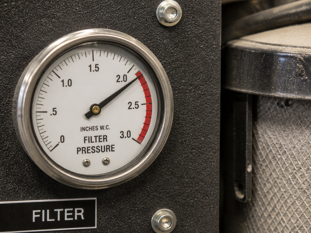 Workshop air filtration system filter gauge showing needle in the red zone.