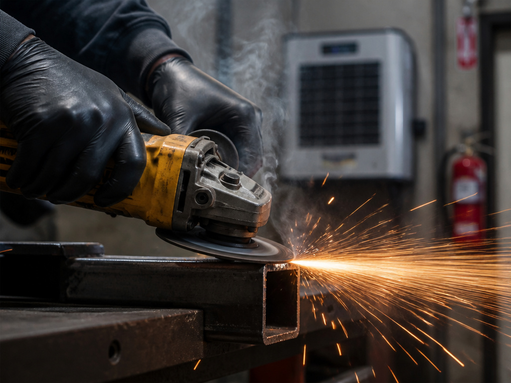 Close-up of hands grinding metal, emphasizing dust, fumes, and vibration hazards in a home workshop.