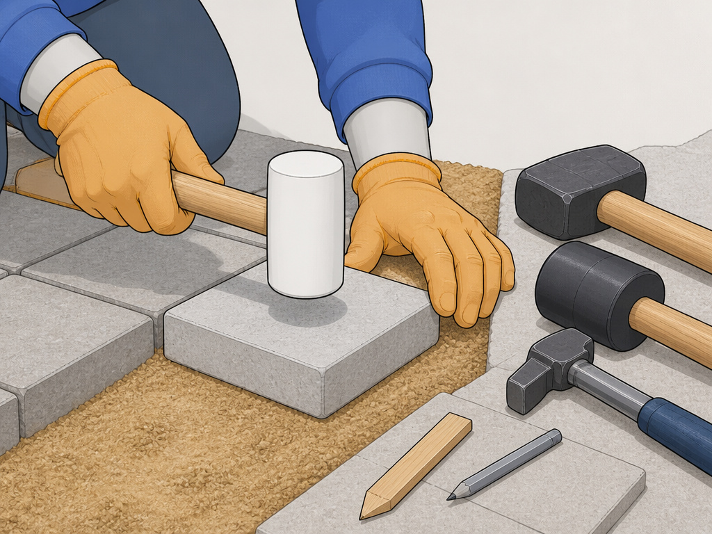Hands tapping a paver with a rubber mallet beside sledgehammer and drilling hammer