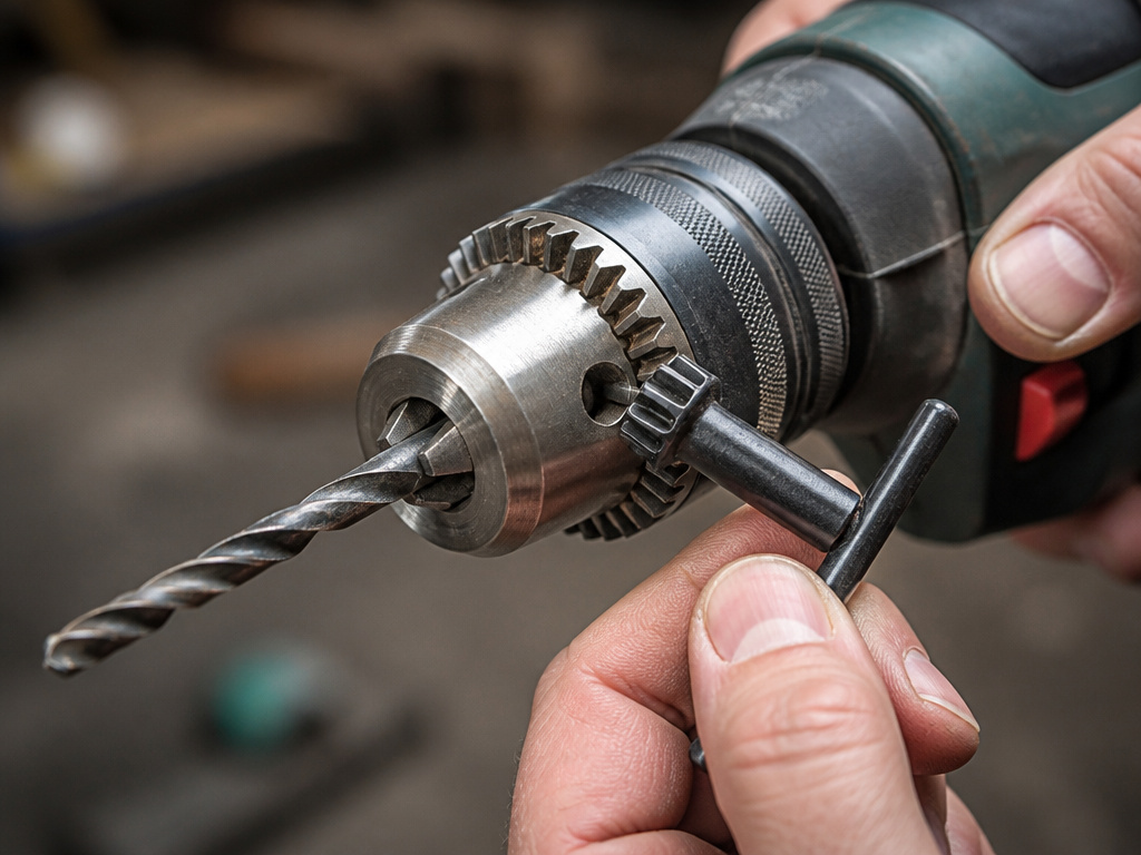 Using a chuck key to loosen the jaws of a drill for bit removal.