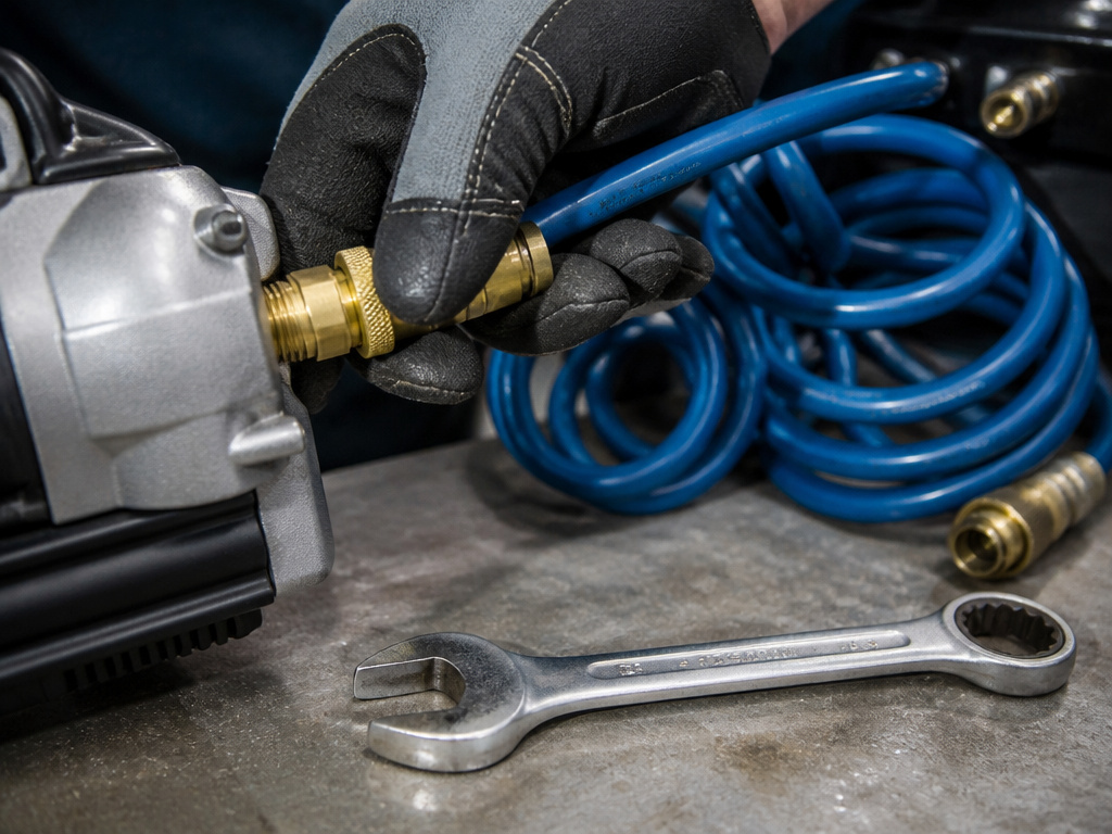 Hand tightening an air hose fitting into a tool to prevent thread stripping.
