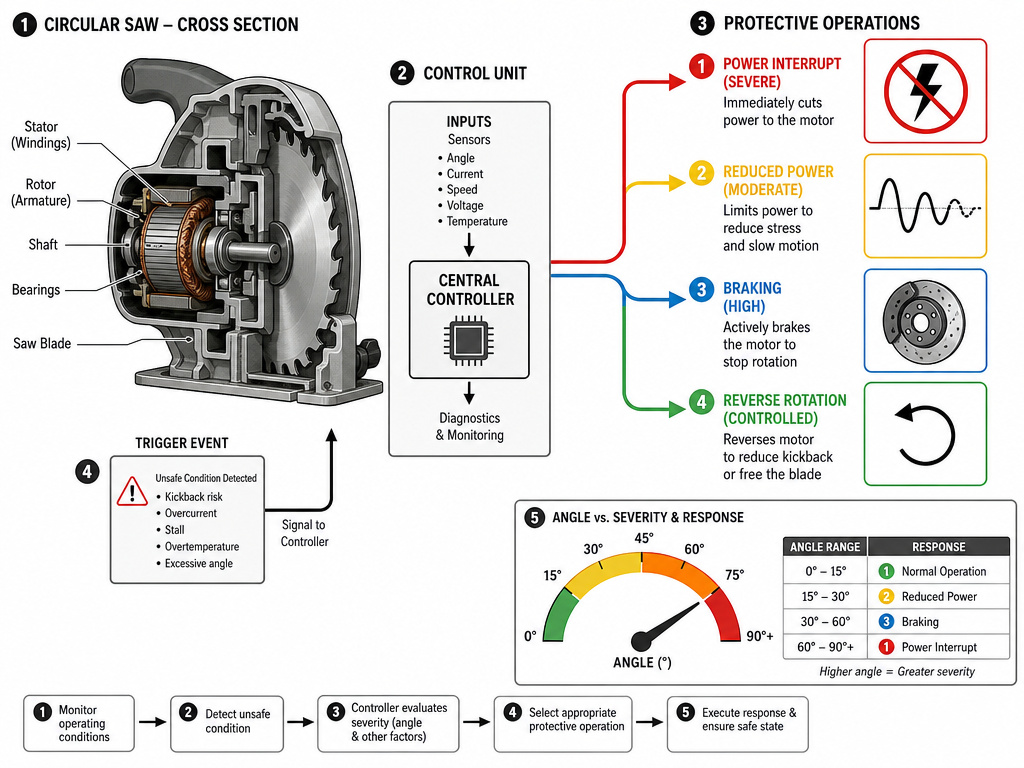 Diagram of power tool kickback control system and its four protective operations.