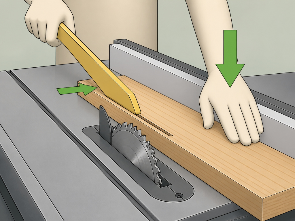 Proper technique for ripping wood on a table saw using a push stick