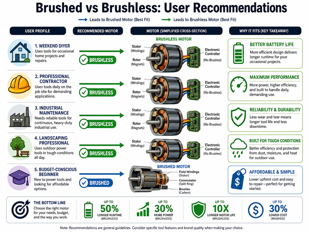 Infographic comparing brushed and brushless motor recommendations for different tool users.