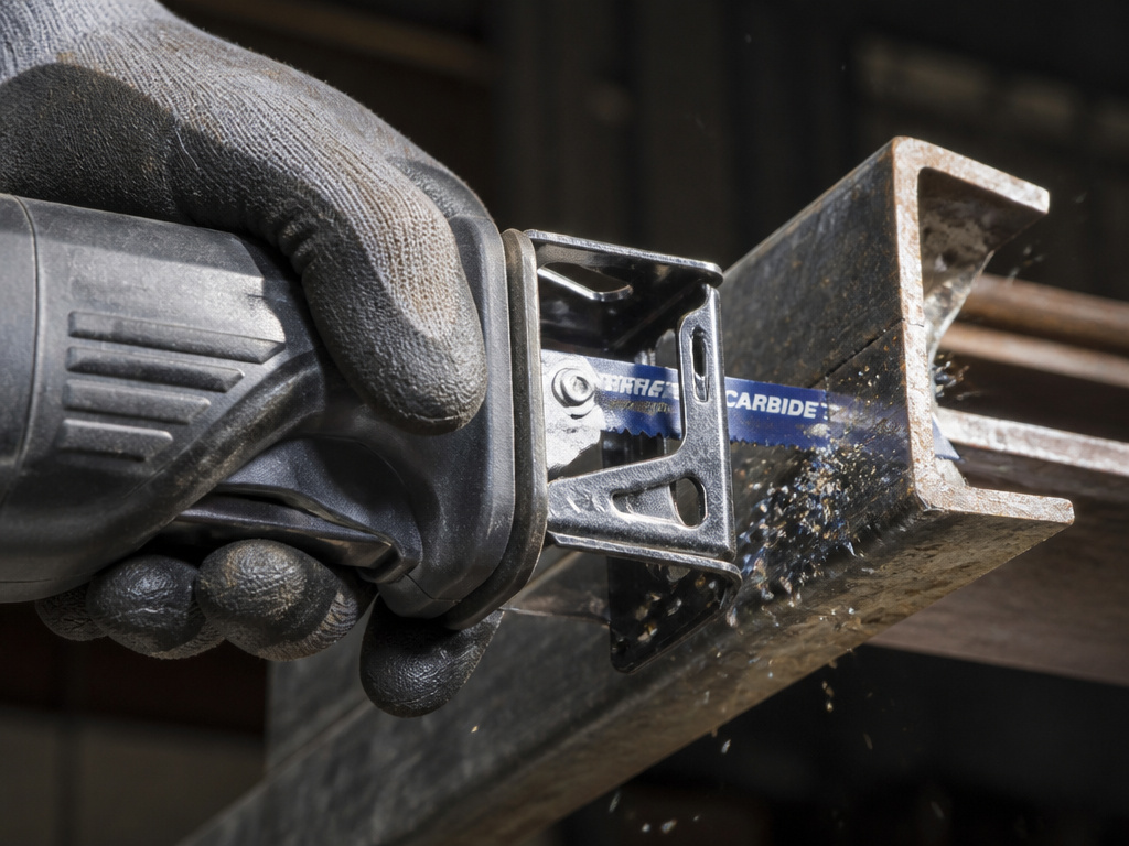 Close-up of cutting metal with a reciprocating saw, showing proper speed and chip color.