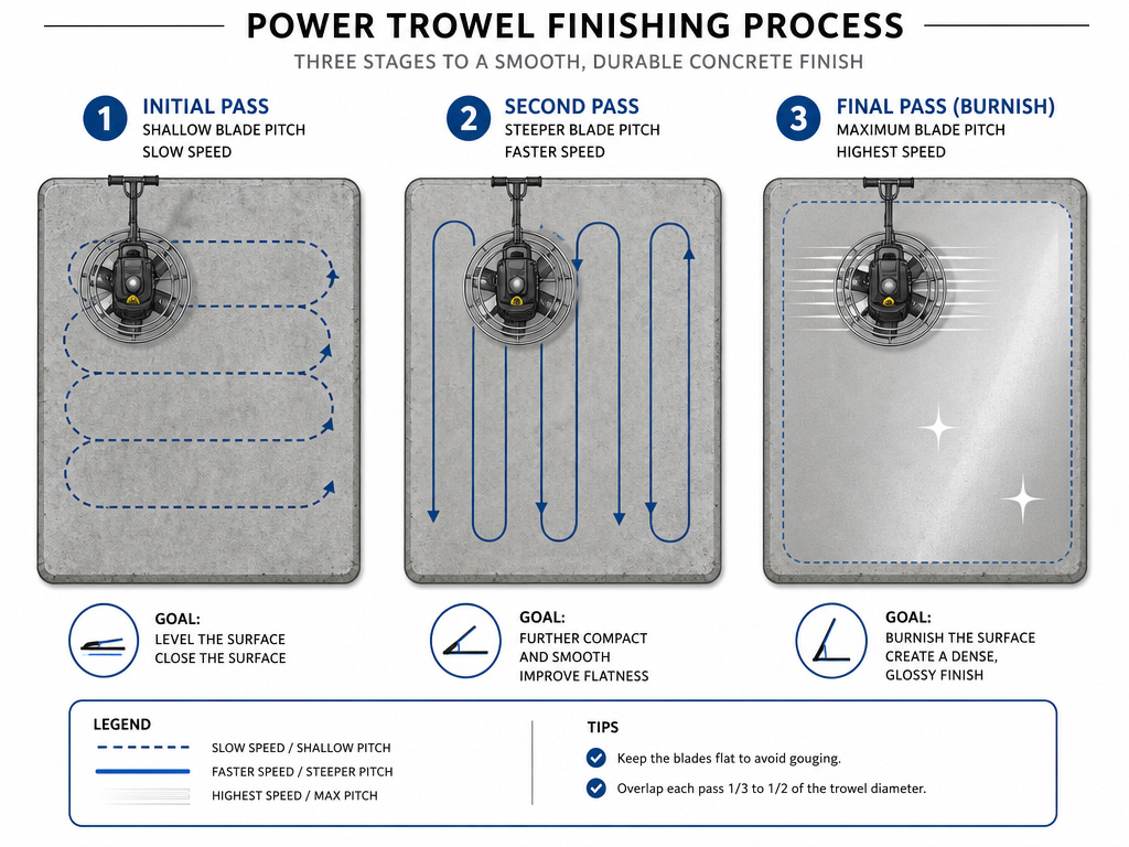 Diagram of power trowel floating, finishing, and burnishing passes on concrete.