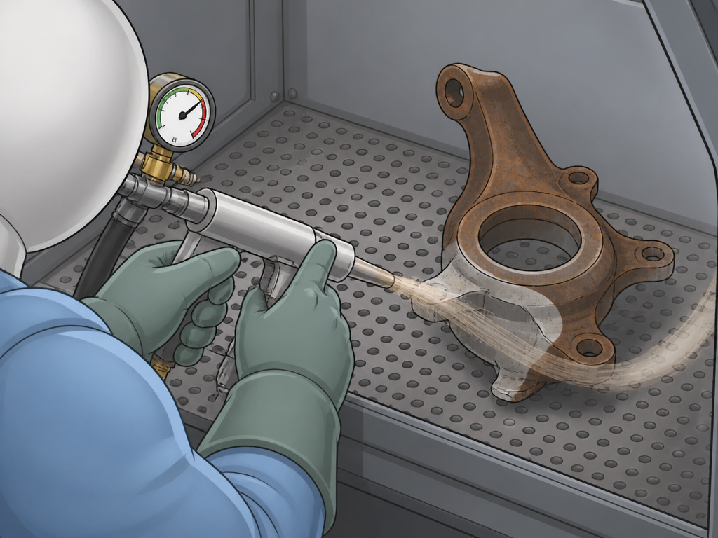 Step-by-step technique for using a sandblaster on a rusty car part.