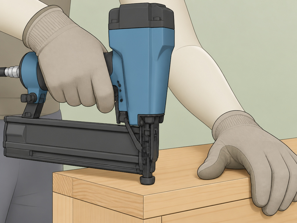Proper nail gun safety contact tip placement on wood before firing.