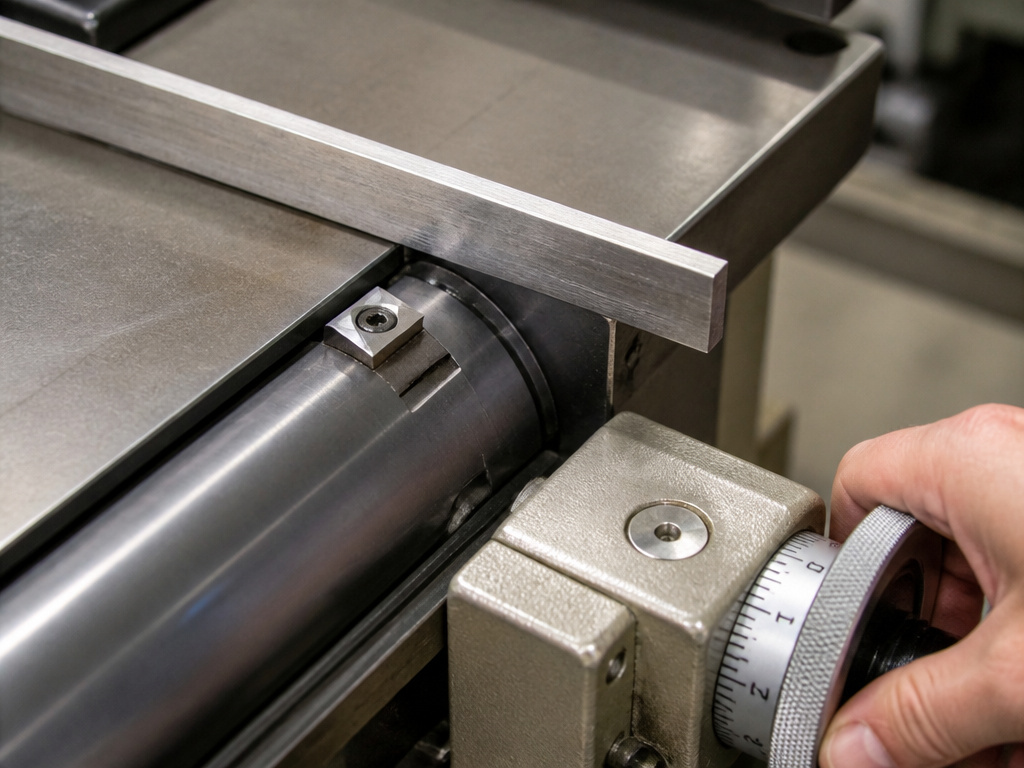 Close-up of setting jointer outfeed table height using the straightedge method.
