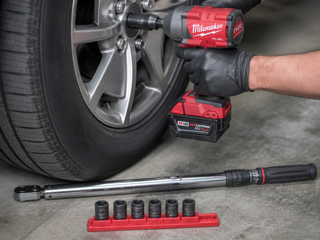 Close-up of an impact wrench tightening a lug nut with torque wrench nearby.