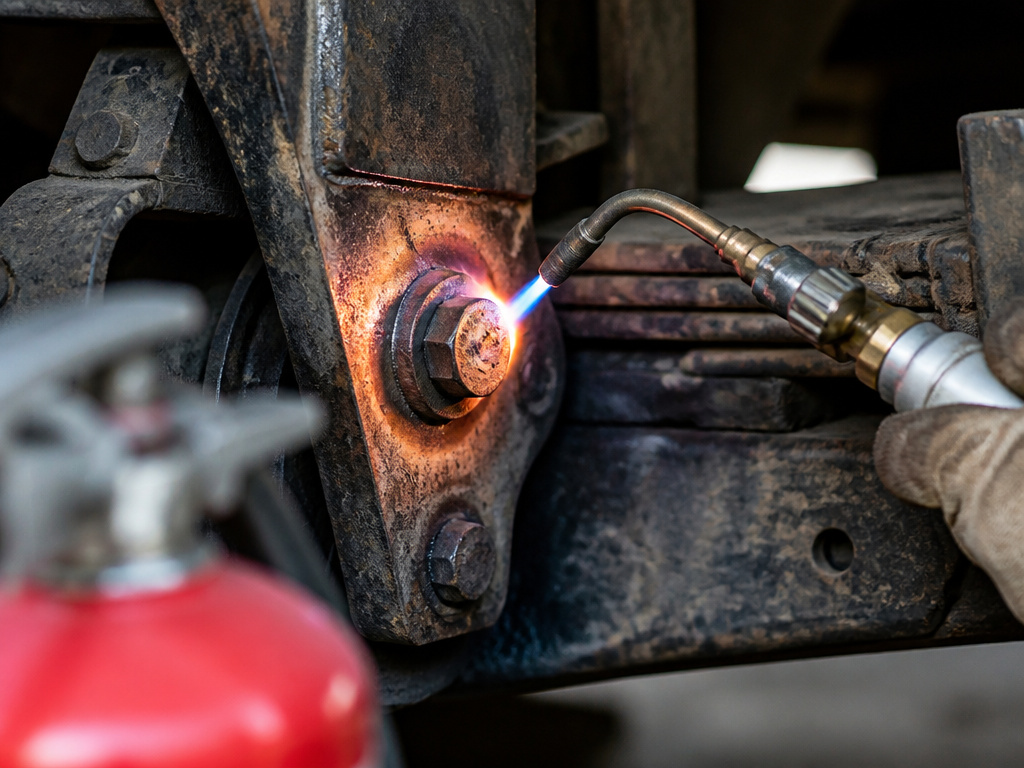 Cutting torch heating a Huck bolt on a truck suspension, showing heat risk.