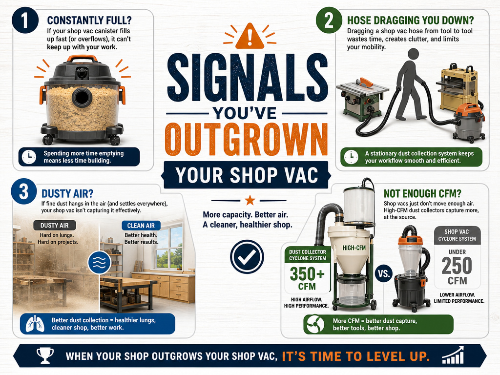 Infographic showing four signs it's time to upgrade from a shop vac to a dust collector.