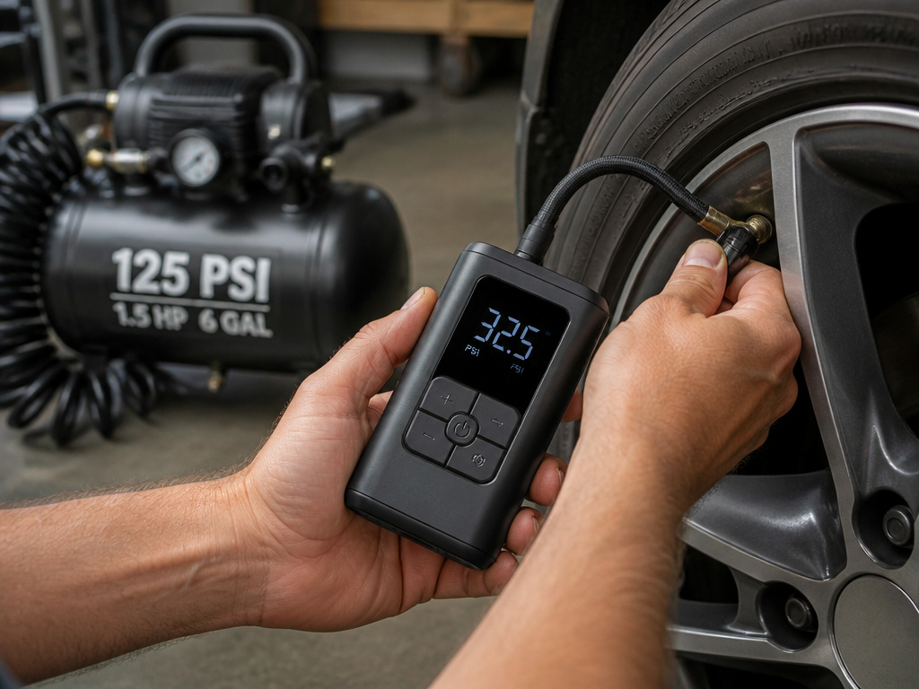 Close-up comparison of a portable tire inflator versus a large air compressor.
