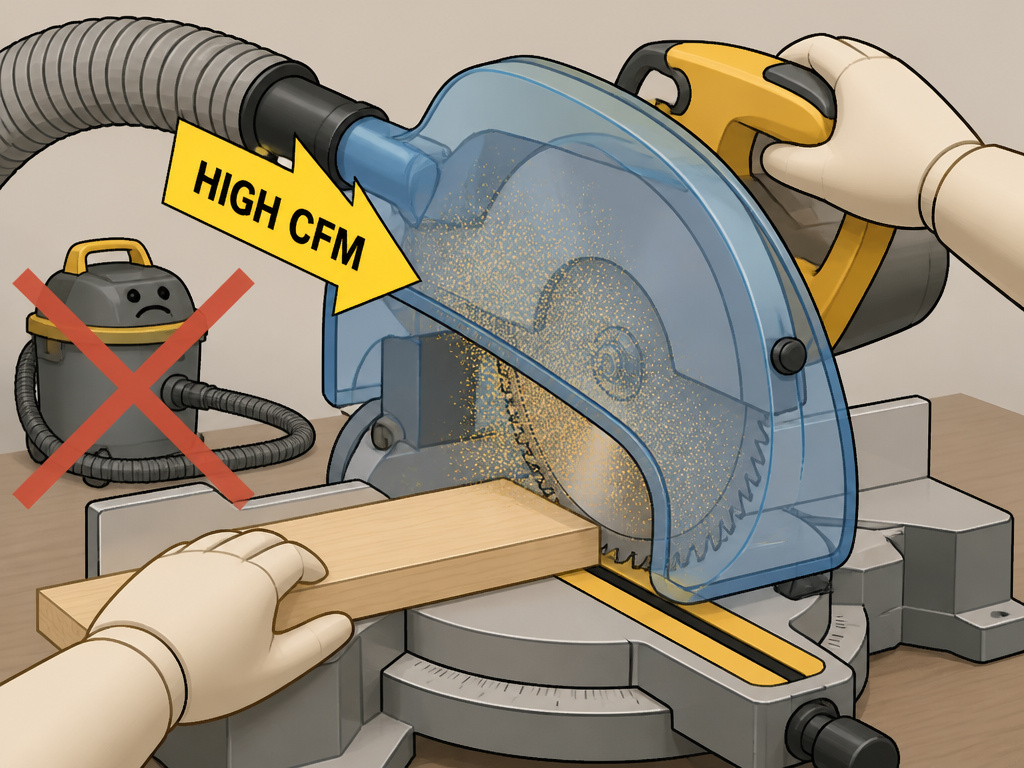 Dust collector with hood capturing miter saw spray, versus an ineffective shop vac.