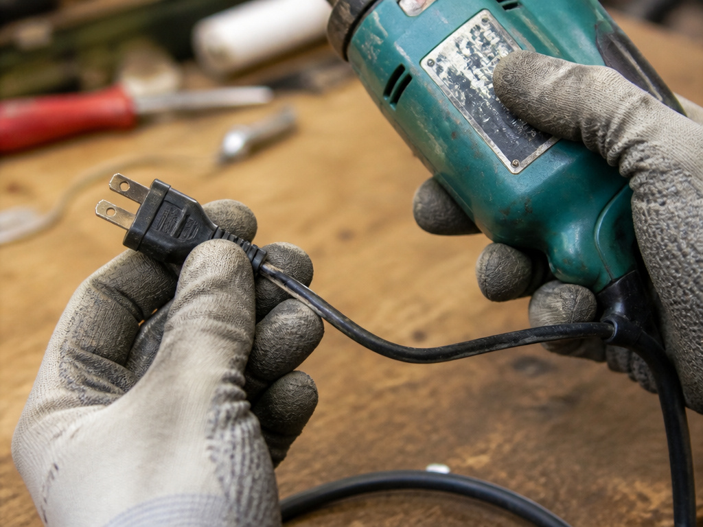 Close-up inspection of a power tool's electrical cord and plug for safety.