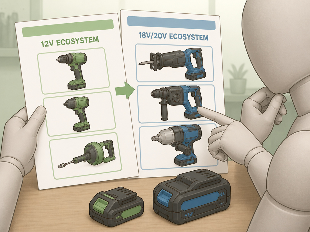 Cartoon comparing tool variety in 12V vs 18V power tool ecosystems