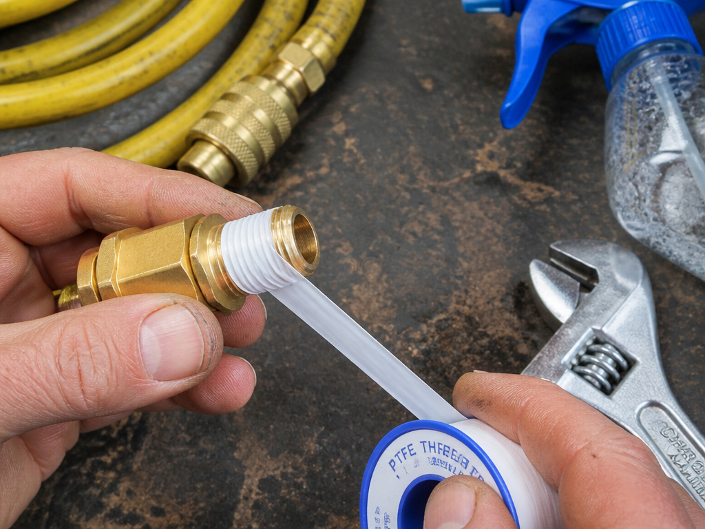 Tools and PTFE tape for fixing a leaking air compressor fitting.