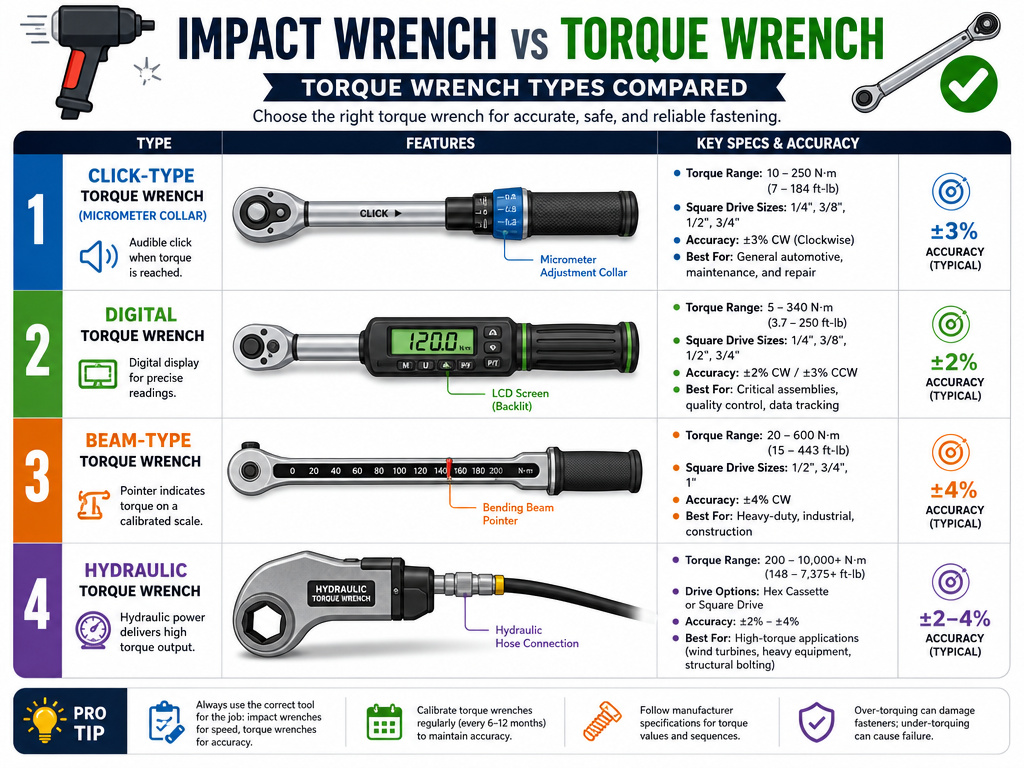 Four types of torque wrenches compared: click, digital, beam, and hydraulic.