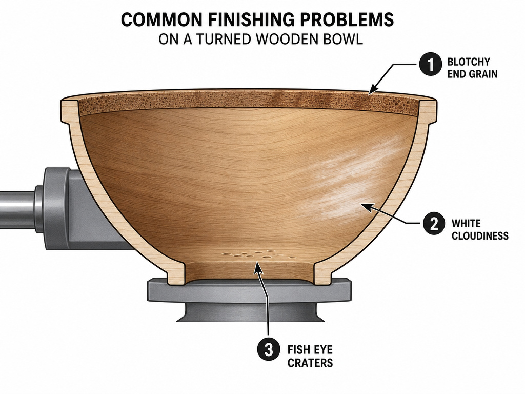 Diagram troubleshooting blotchy, cloudy, and fish eye finishes on lathe-turned wood.