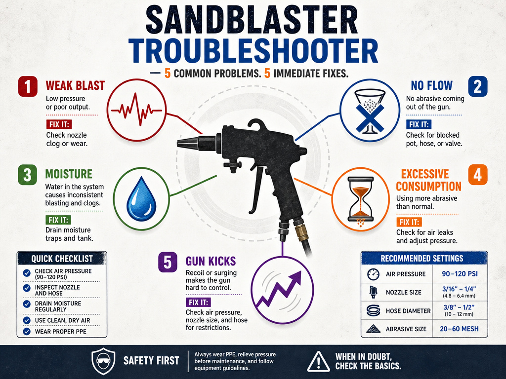 Troubleshooting infographic for common sandblaster problems and fixes.