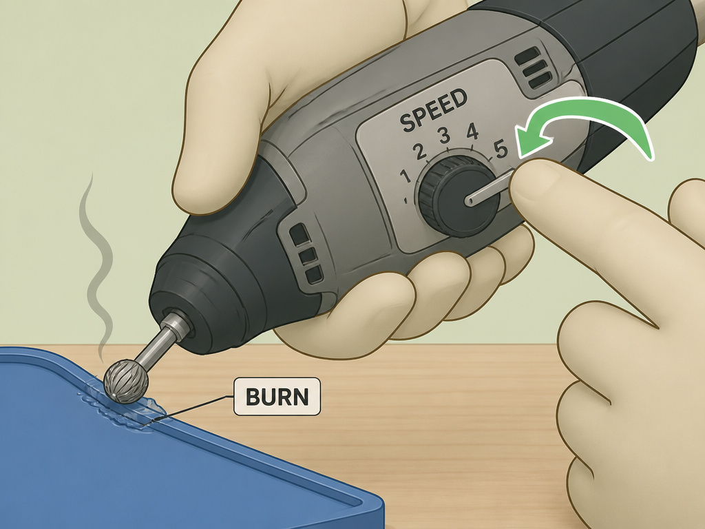 Troubleshooting rotary tool burning plastic by lowering speed setting.