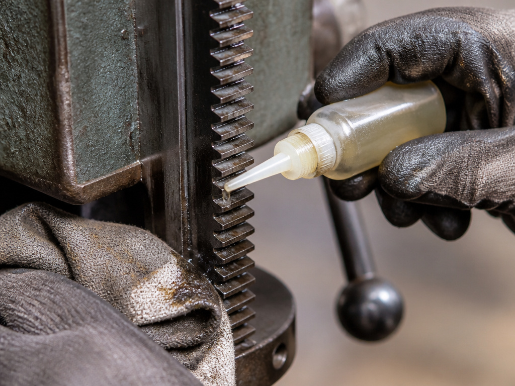 Lubricating the rack gear of a stiff arbor press ram with light oil.