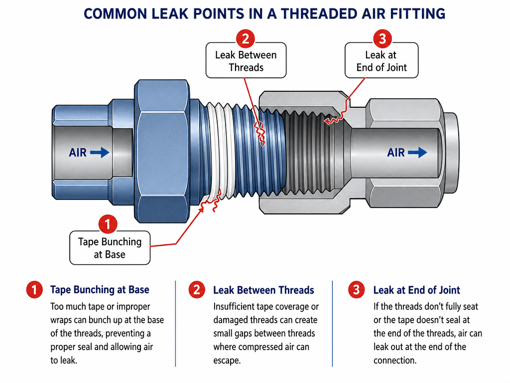 Diagram of common air fitting leak points after applying thread tape