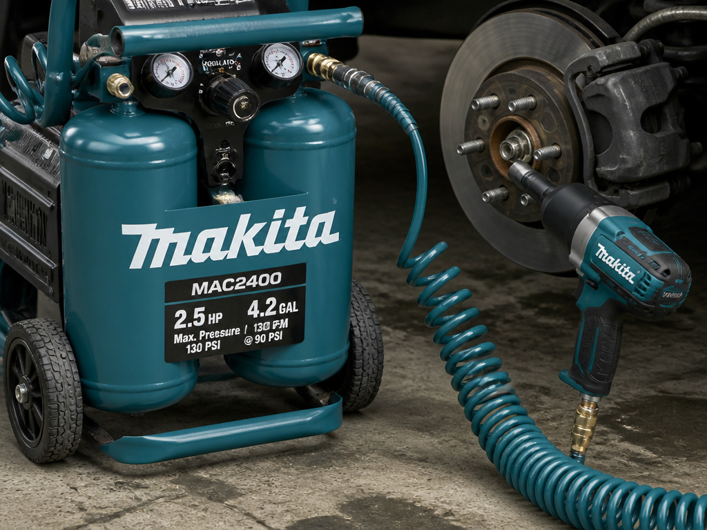 Twin stack air compressor on wheels with hose connected to impact wrench.