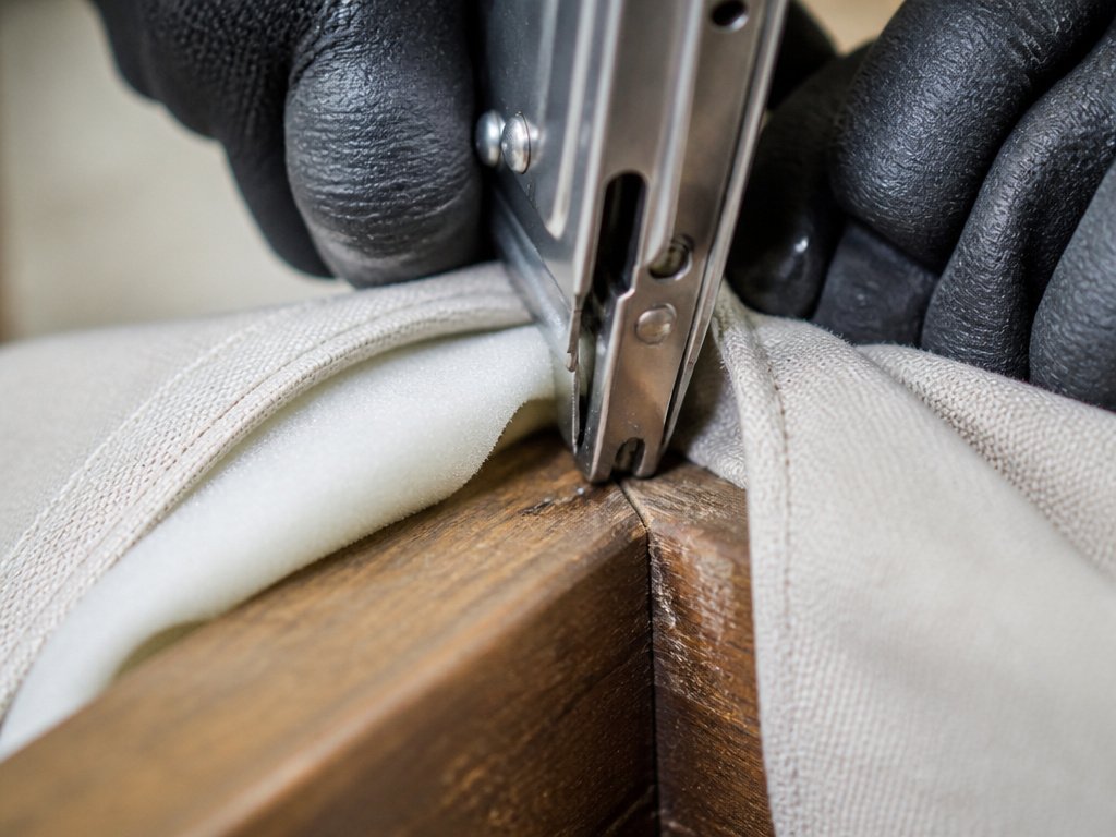 Close-up of an upholstery stapler driving a narrow-crown staple into furniture frame.