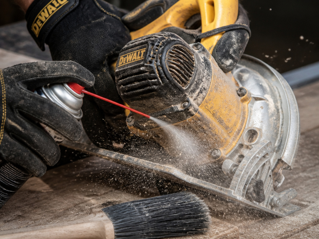 Using compressed air to clean dust from a circular saw's vents and lower guard.
