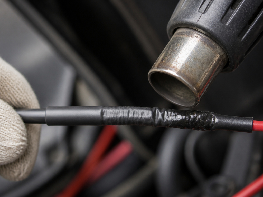Close-up comparison of perfect, underheated, and overheated heat shrink tubing results.