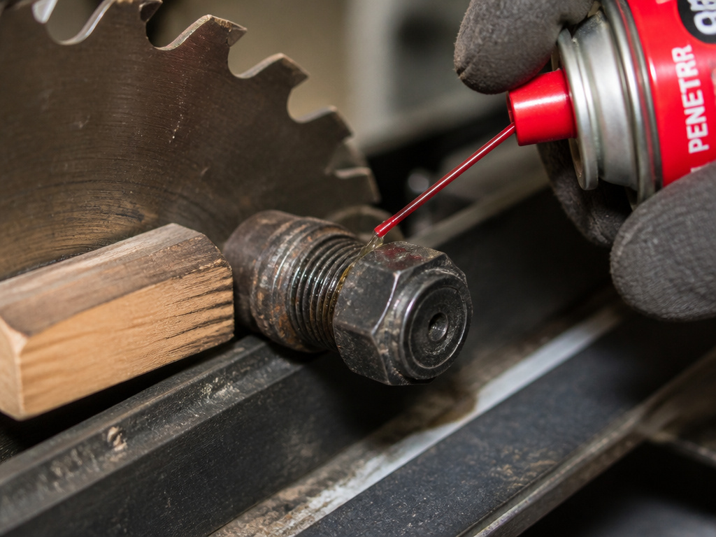 Applying penetrating oil to a stuck table saw arbor nut to loosen it